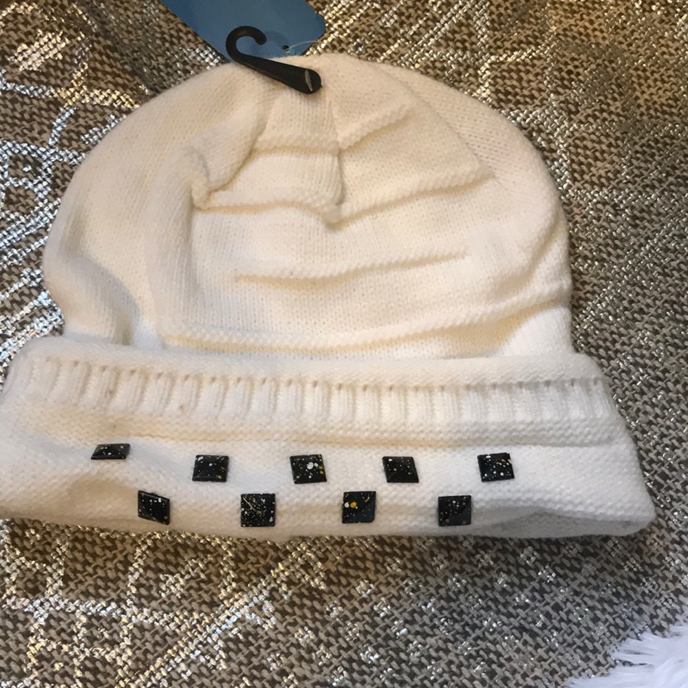 White beanie with black studs